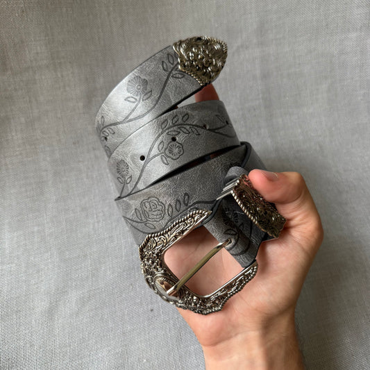 Floral Western Belt, Grey.