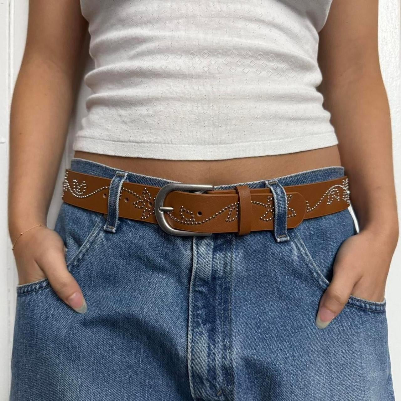 Brown Floral Studded Belt