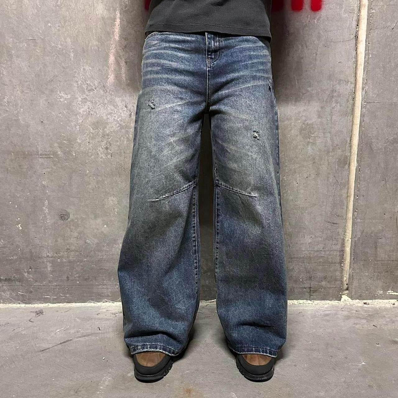 Distressed blue denim