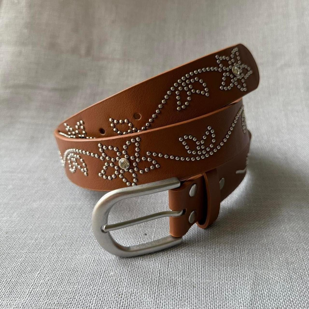 Brown Floral Studded Belt