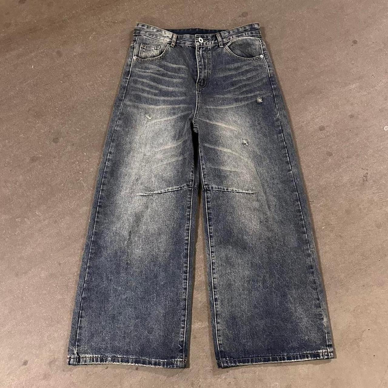 Distressed blue denim
