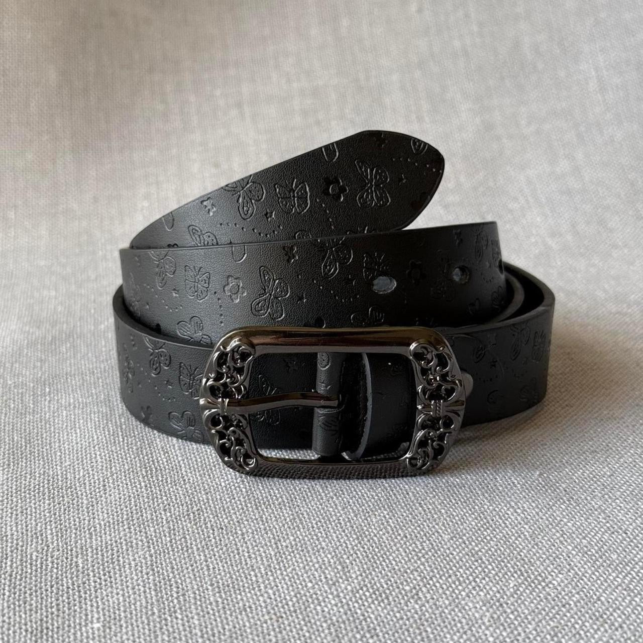 Butterfly Flower Engraved Belt, Black.