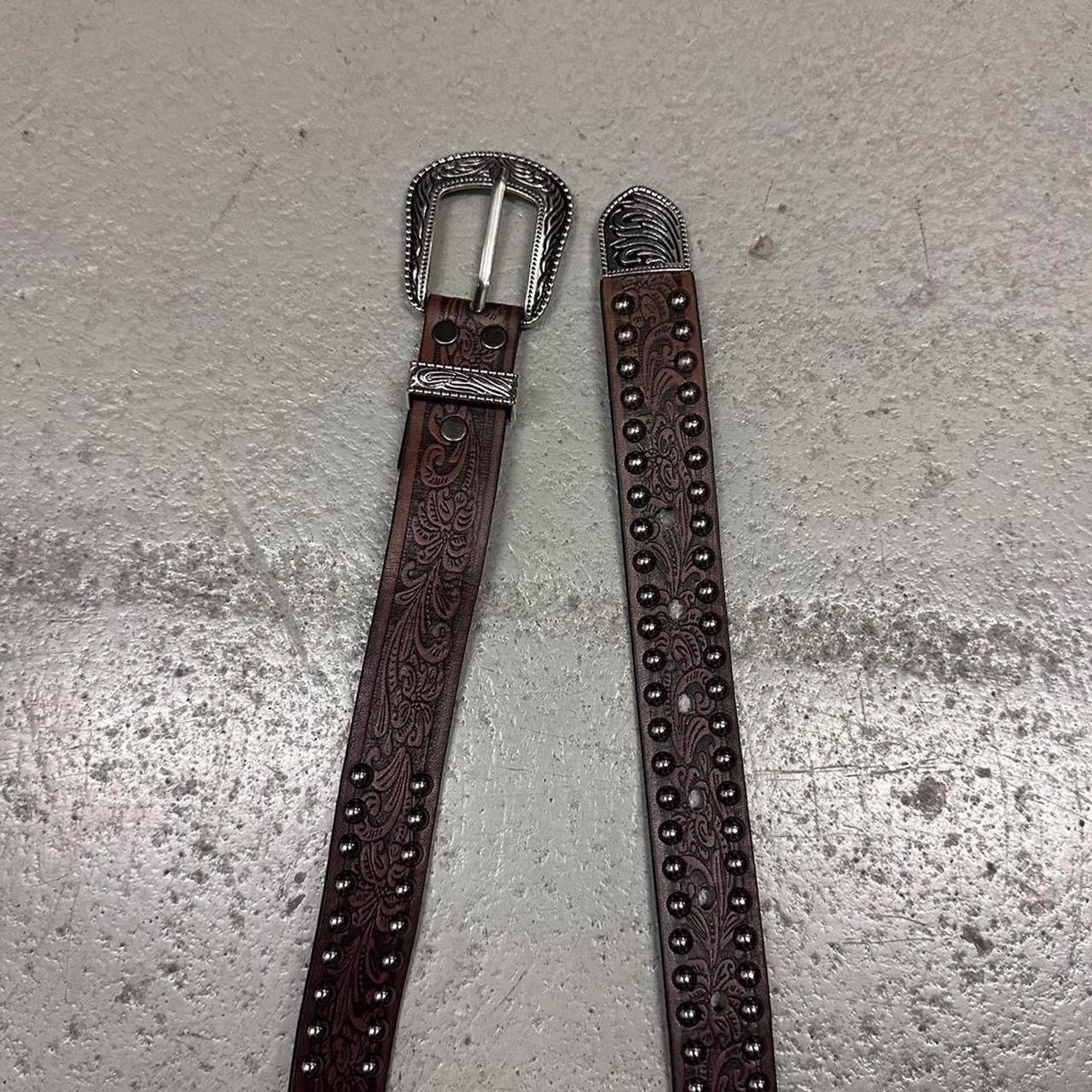 Studded Engraved Floral Belt, Brown.