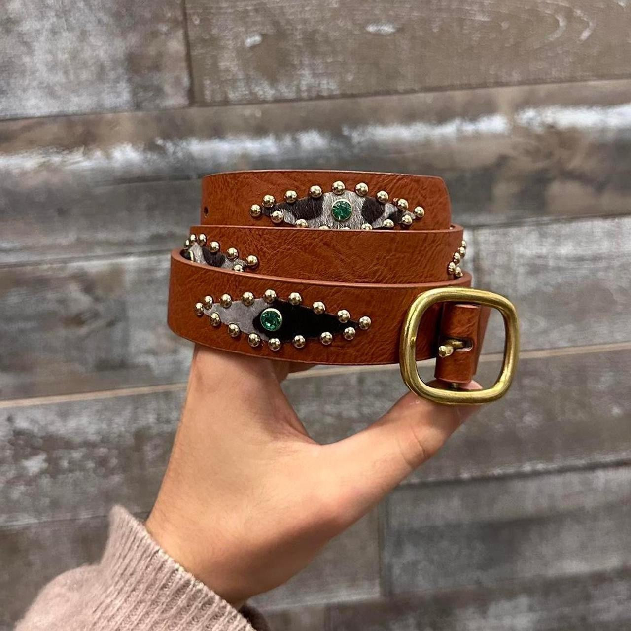 Studded Rhinestone Cowhide Belt, Brown.