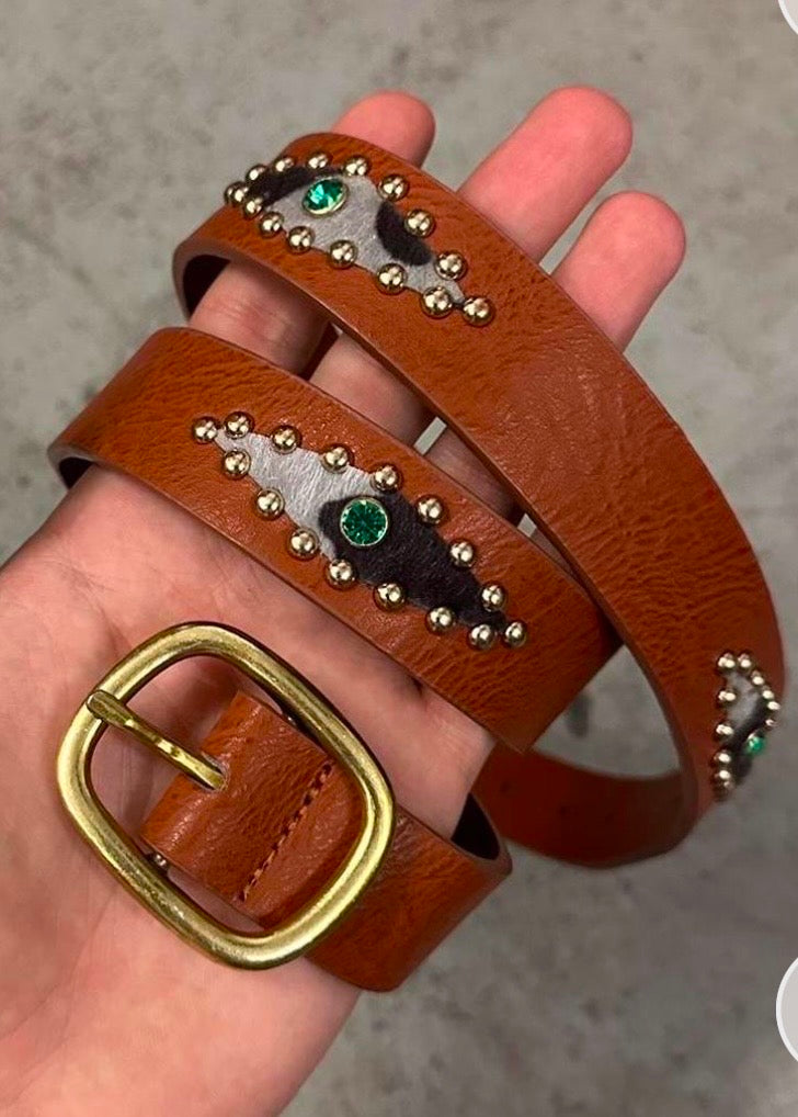 Studded Rhinestone Cowhide Belt, Brown.