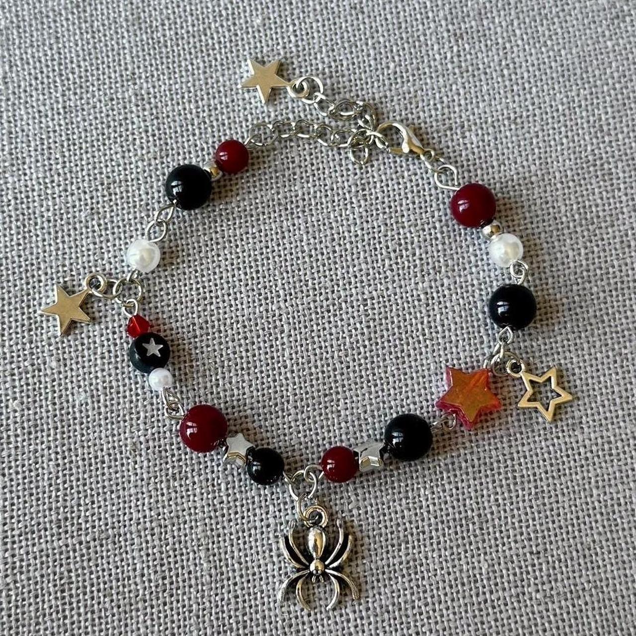 Spider Charm Bracelet, Black, Red, & Silver.