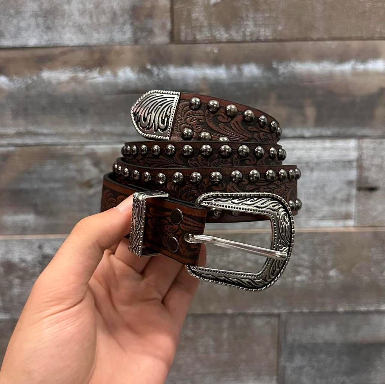 Studded Engraved Floral Belt, Brown.