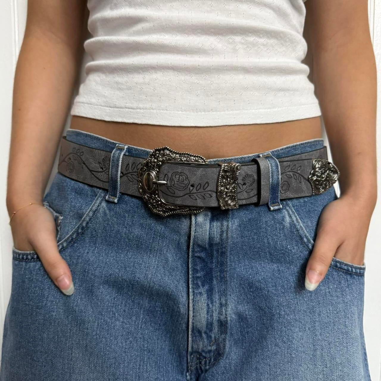 Floral Western Belt, Grey.