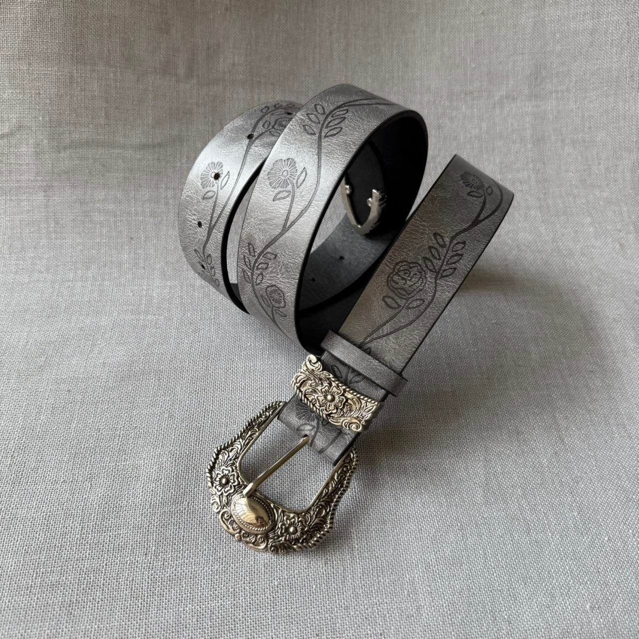 Floral Western Belt, Grey.