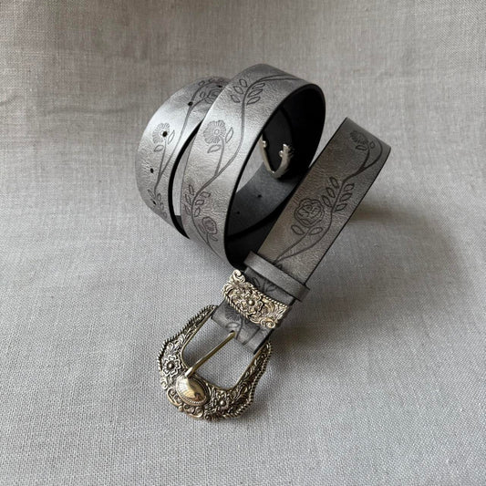 Floral Western Belt, Grey.
