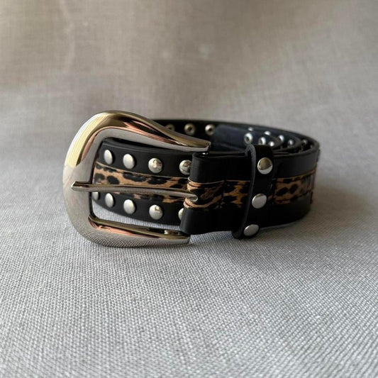 Studded Leopard Belt, Black & Tan.