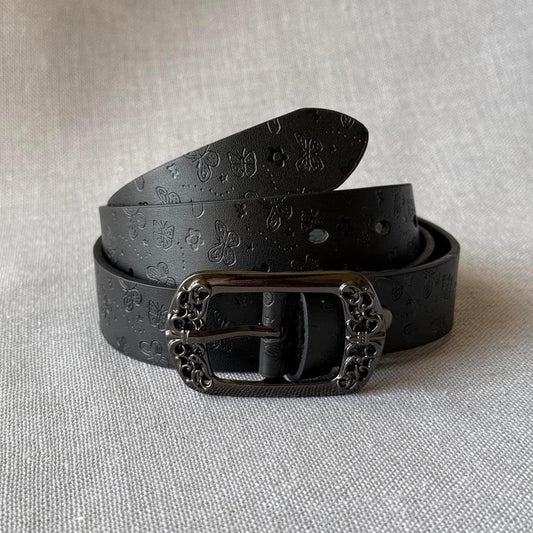 Butterfly Flower Engraved Belt, Black.