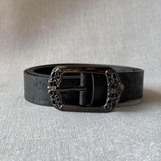 Butterfly Flower Engraved Belt, Black.