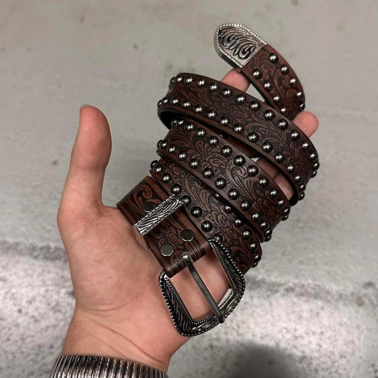 Studded Engraved Floral Belt, Brown.