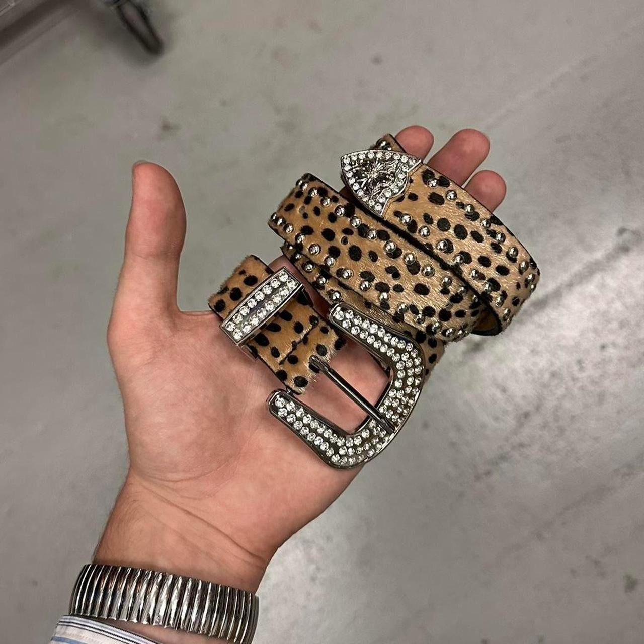 Cheetah Studded Belt, Black & Tan.