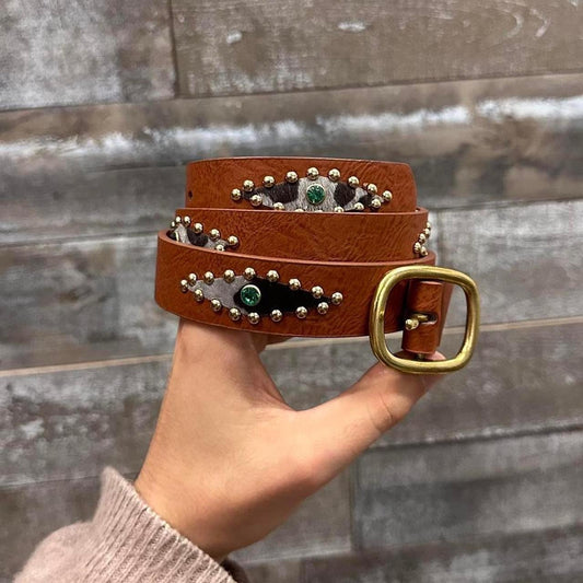 Studded Rhinestone Cowhide Belt, Brown.
