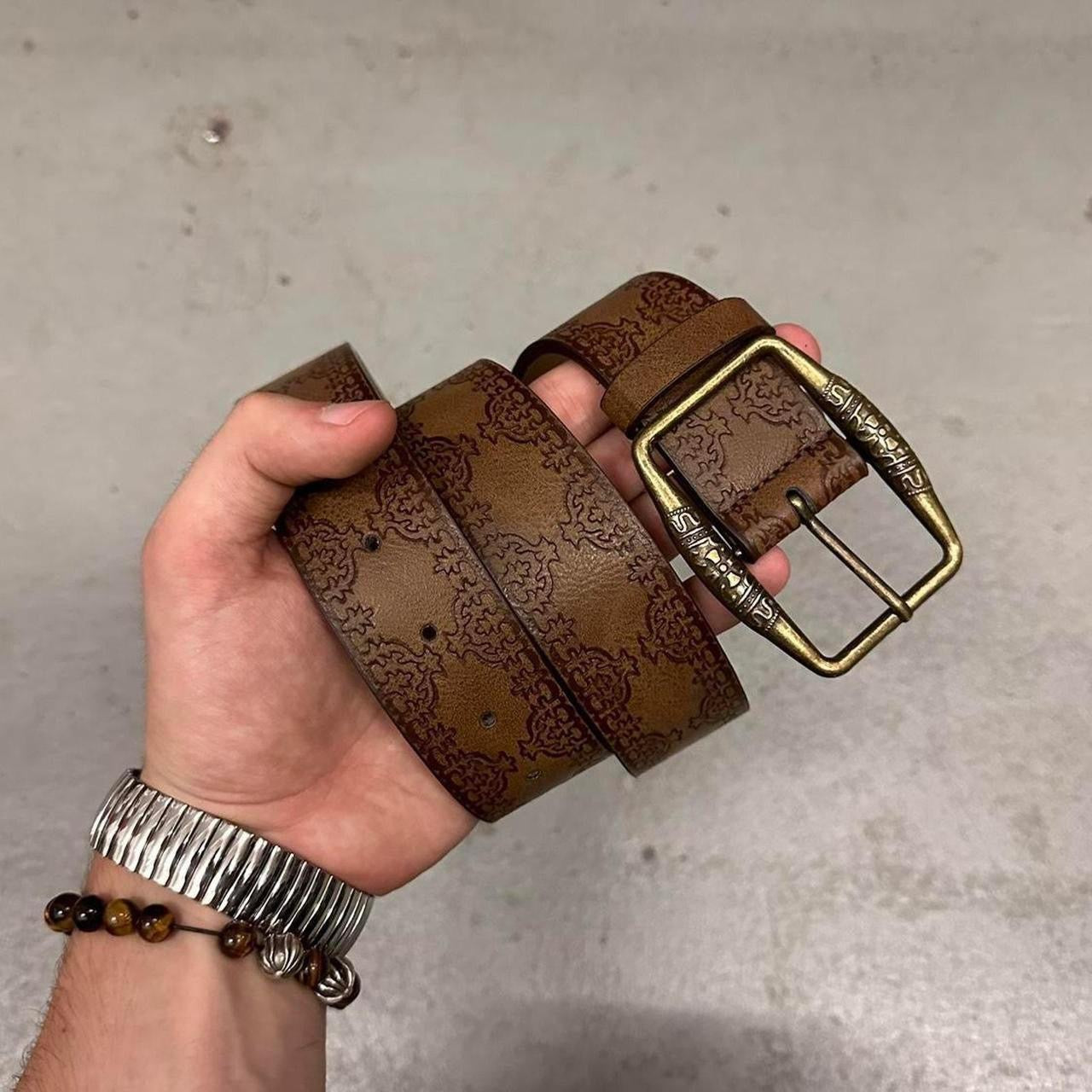 Engraved Gold Buckle Belt, Brown.
