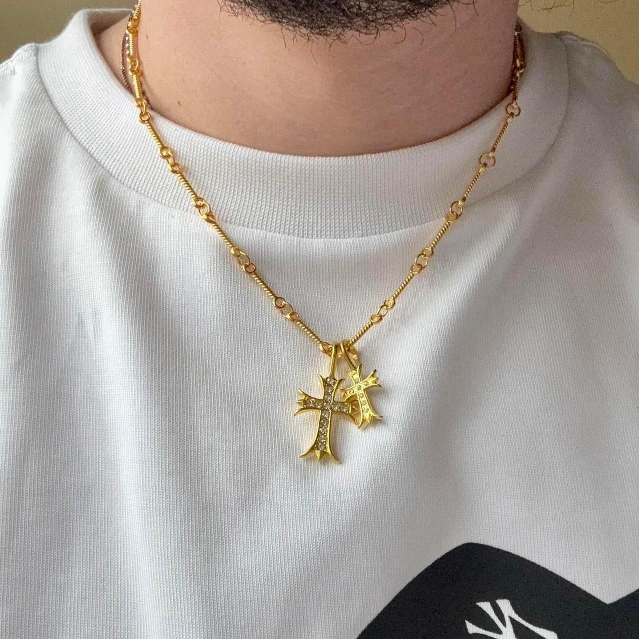 Double Cross Necklace, Gold.