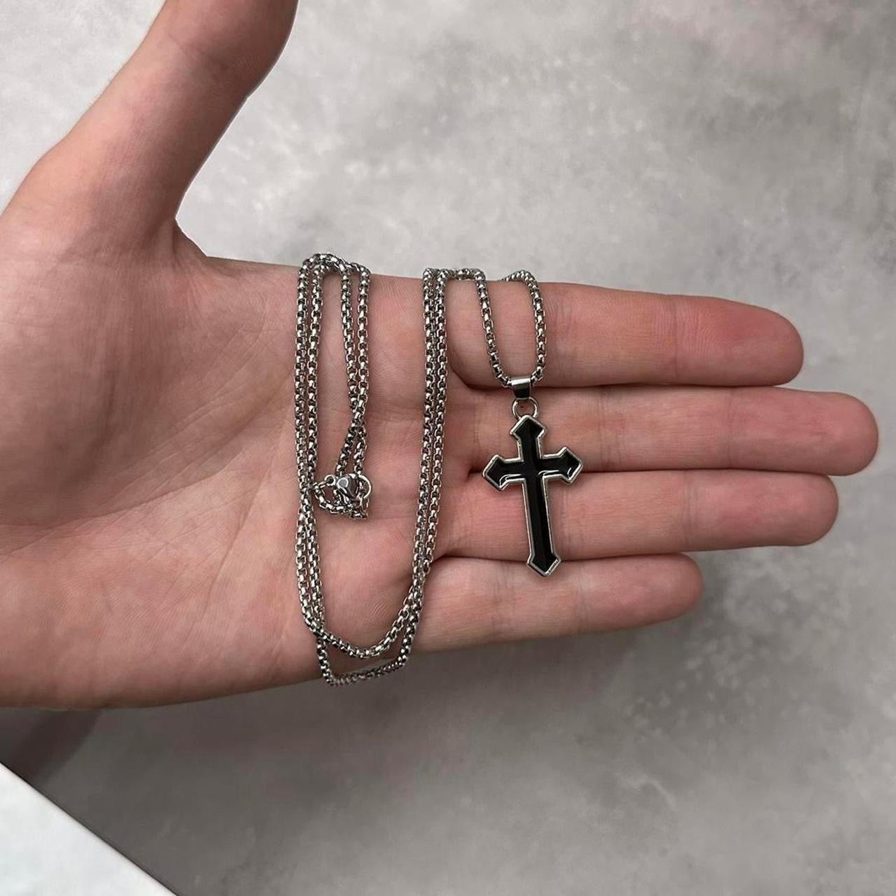 Cross Necklace, Black & Silver.