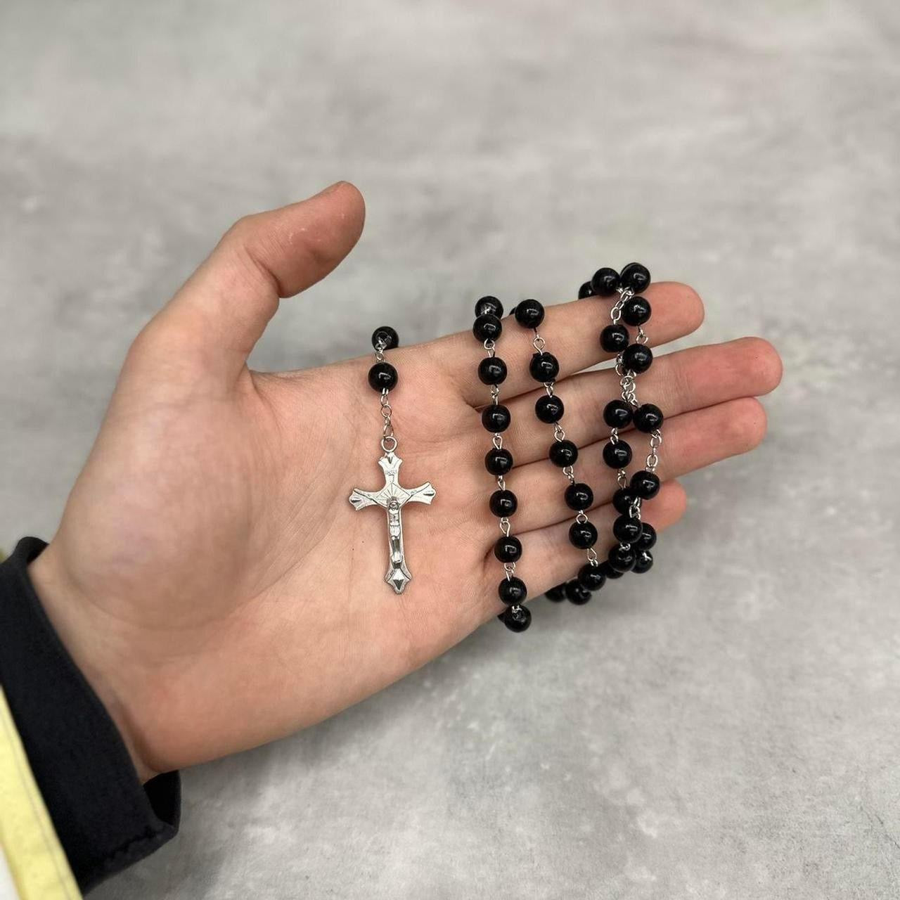 Rosary Necklace, Black & Silver.