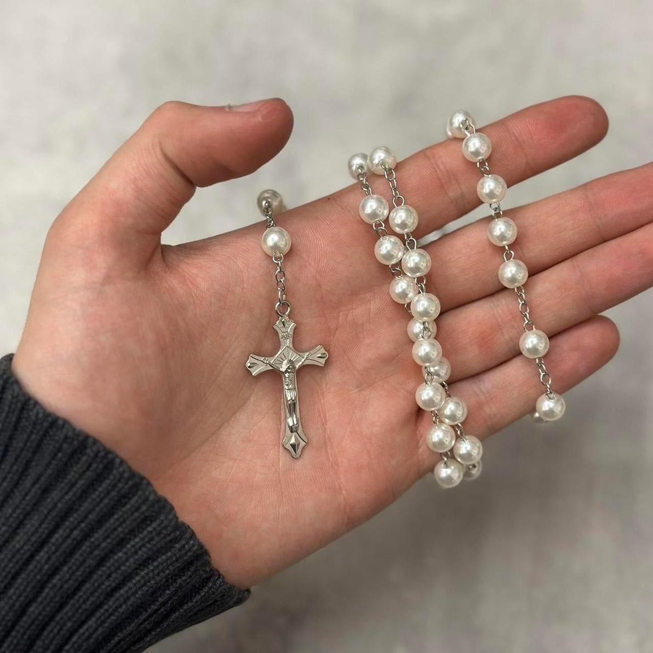 Rosary Necklace, Silver & White.