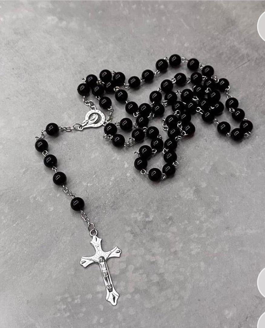 Rosary Necklace, Black & Silver.