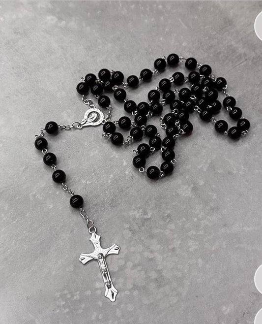Rosary Necklace, Black & Silver.