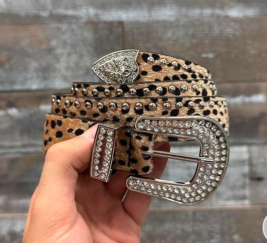 Cheetah Studded Belt, Black & Tan.