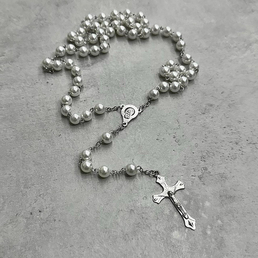 Rosary Necklace, Silver & White.