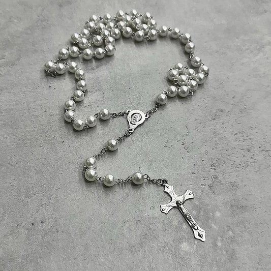 Rosary Necklace, Silver & White.
