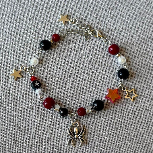 Spider Charm Bracelet, Black, Red, & Silver.