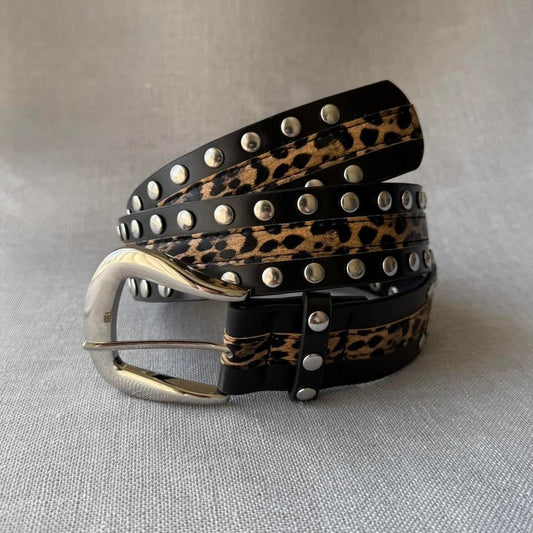 Studded Leopard Belt, Black & Tan.